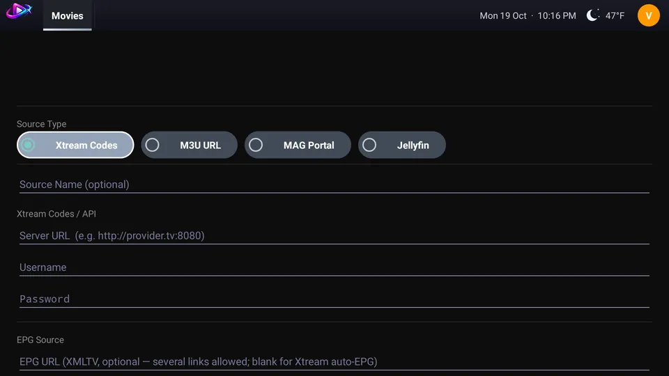 The Add source screen: M3U, Xtream, MAG portal or Jellyfin