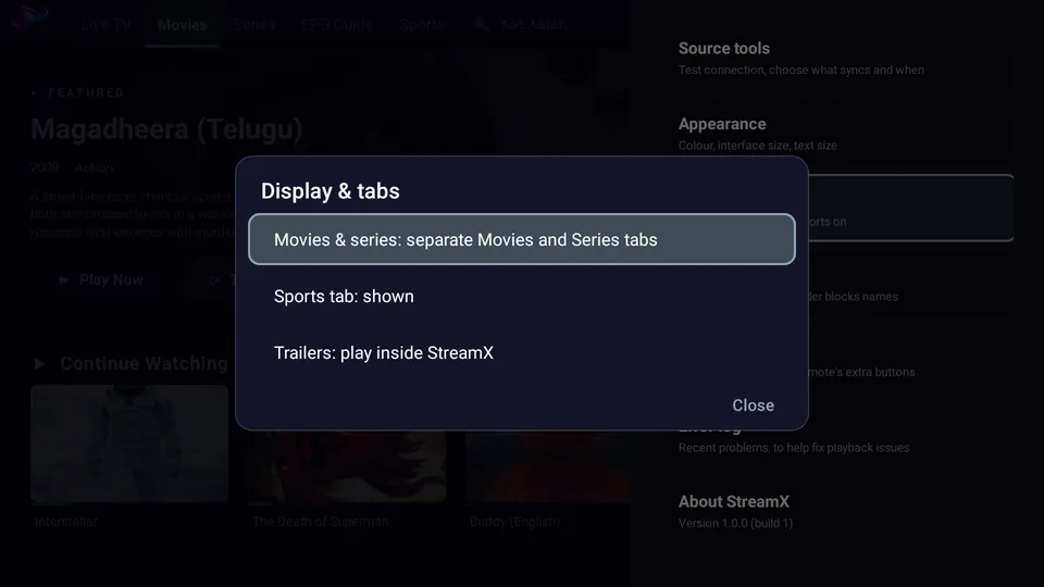 Display and tab options