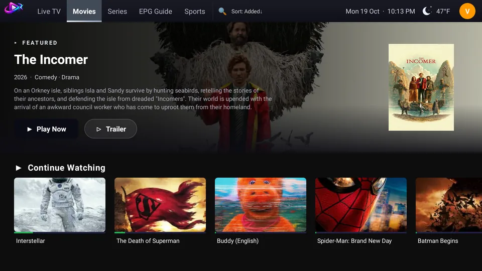 Movies home with a full-width featured banner in the StreamX media player for Android TV