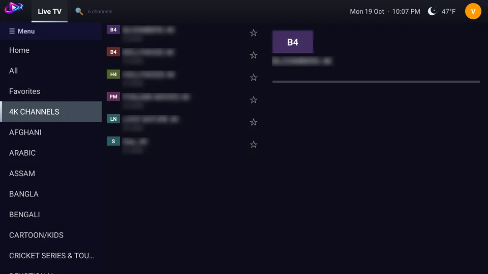 Live TV with the left menu and the channel list