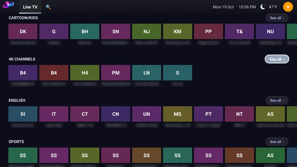 Live TV home with channel rows