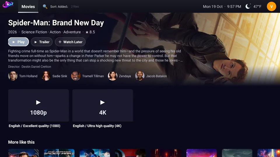 Movie detail page with cast photos, trailer and More like this