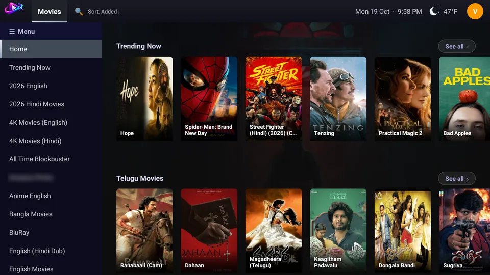 Movies home with the left menu: categories and rows