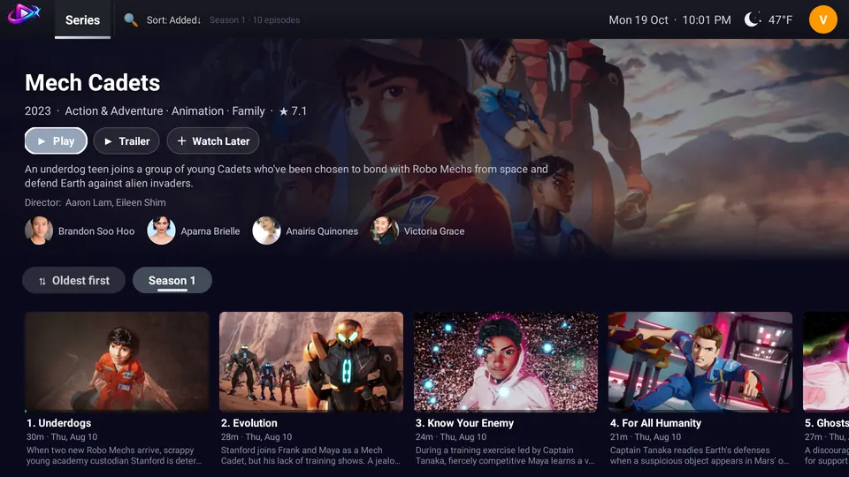Series detail page with seasons and episode progress