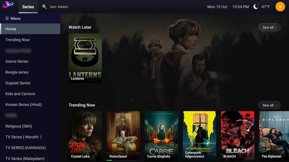 Series home with the left menu