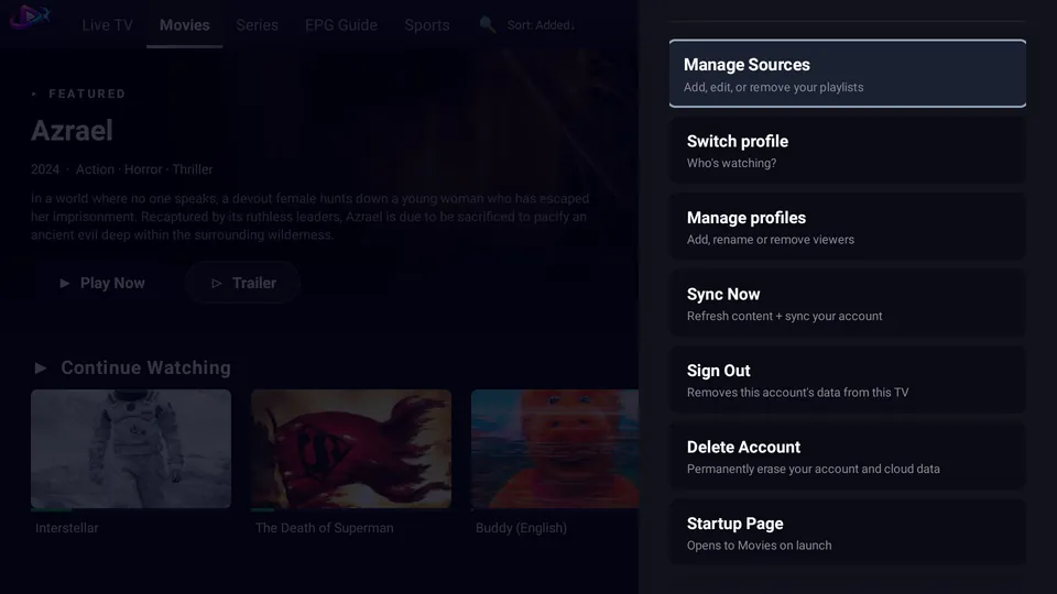 Settings 1: sources, profiles, sync, sign out and delete account