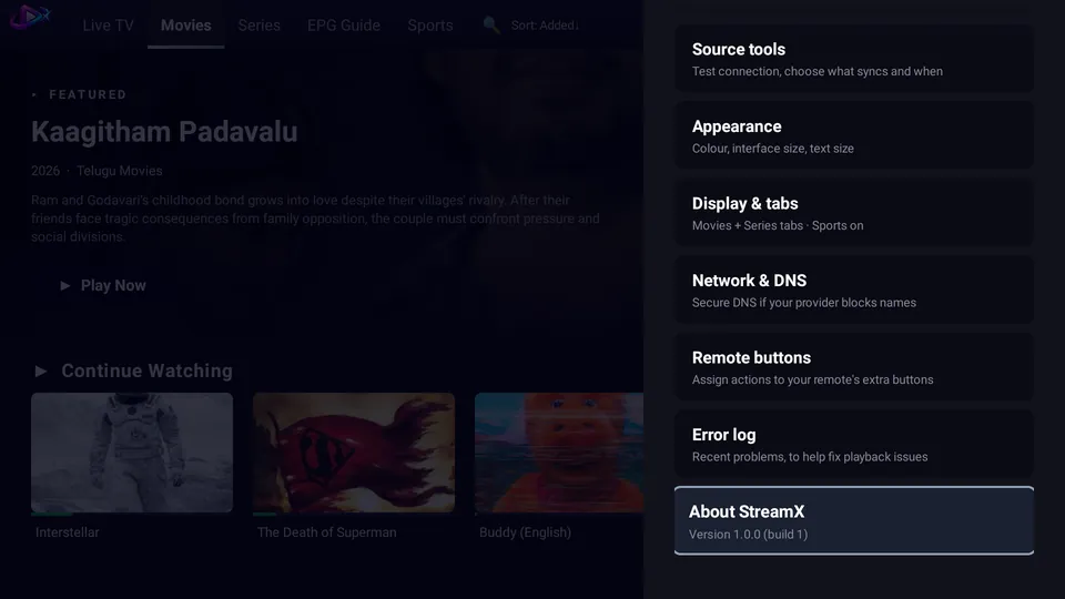 Settings 3: appearance, display, network, remote buttons and About