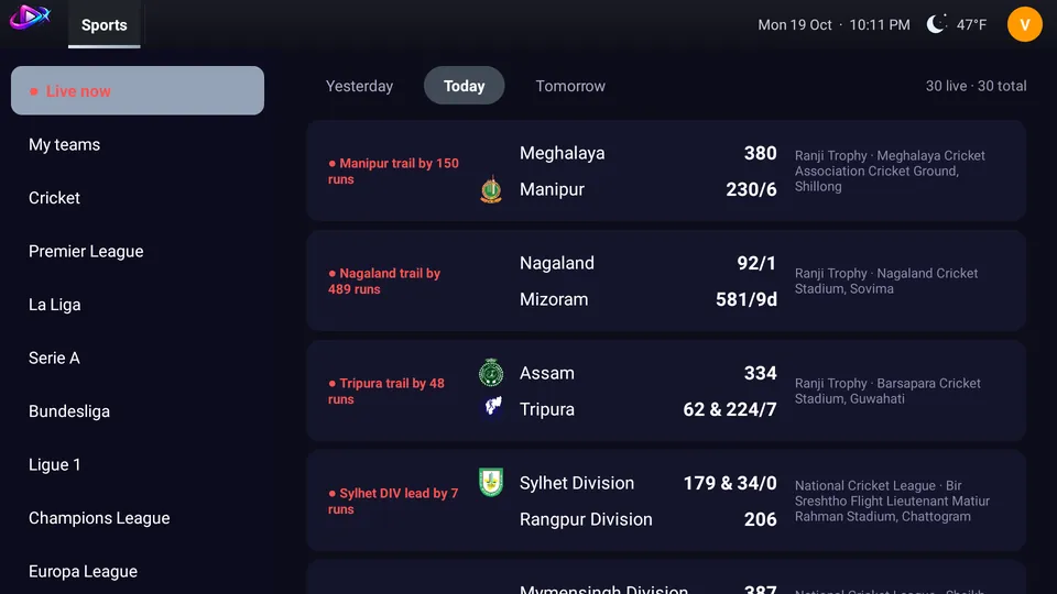 Sports tab with live scores and fixtures