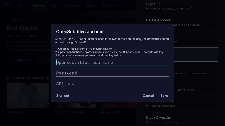 The OpenSubtitles account screen