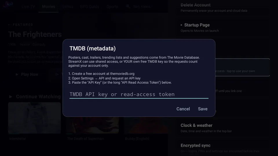 The TMDB key screen in settings