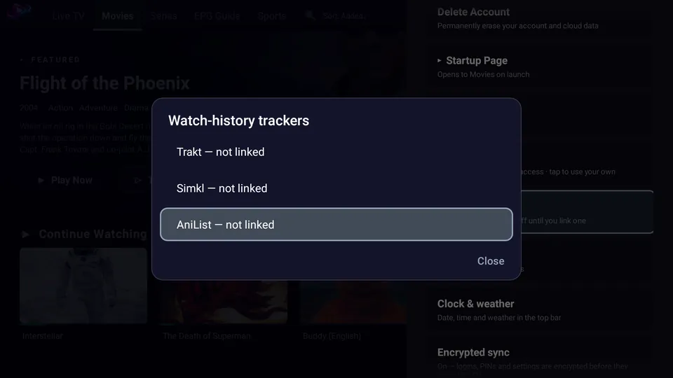 The watch-history trackers screen: Trakt, Simkl and AniList